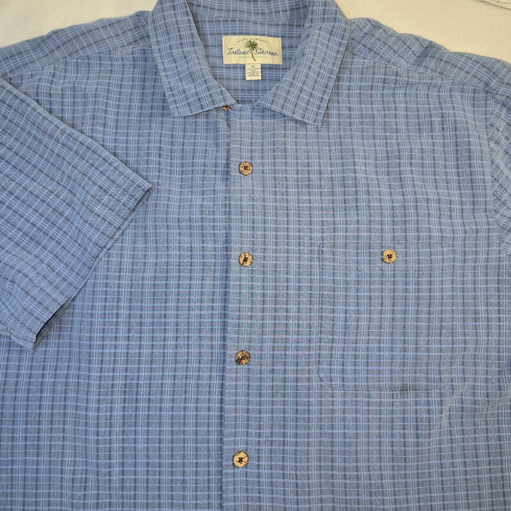 Island Shores Mens XL Blue Plaid Hawaiian Camp Shirt Rayon Blend Tropical Aloha